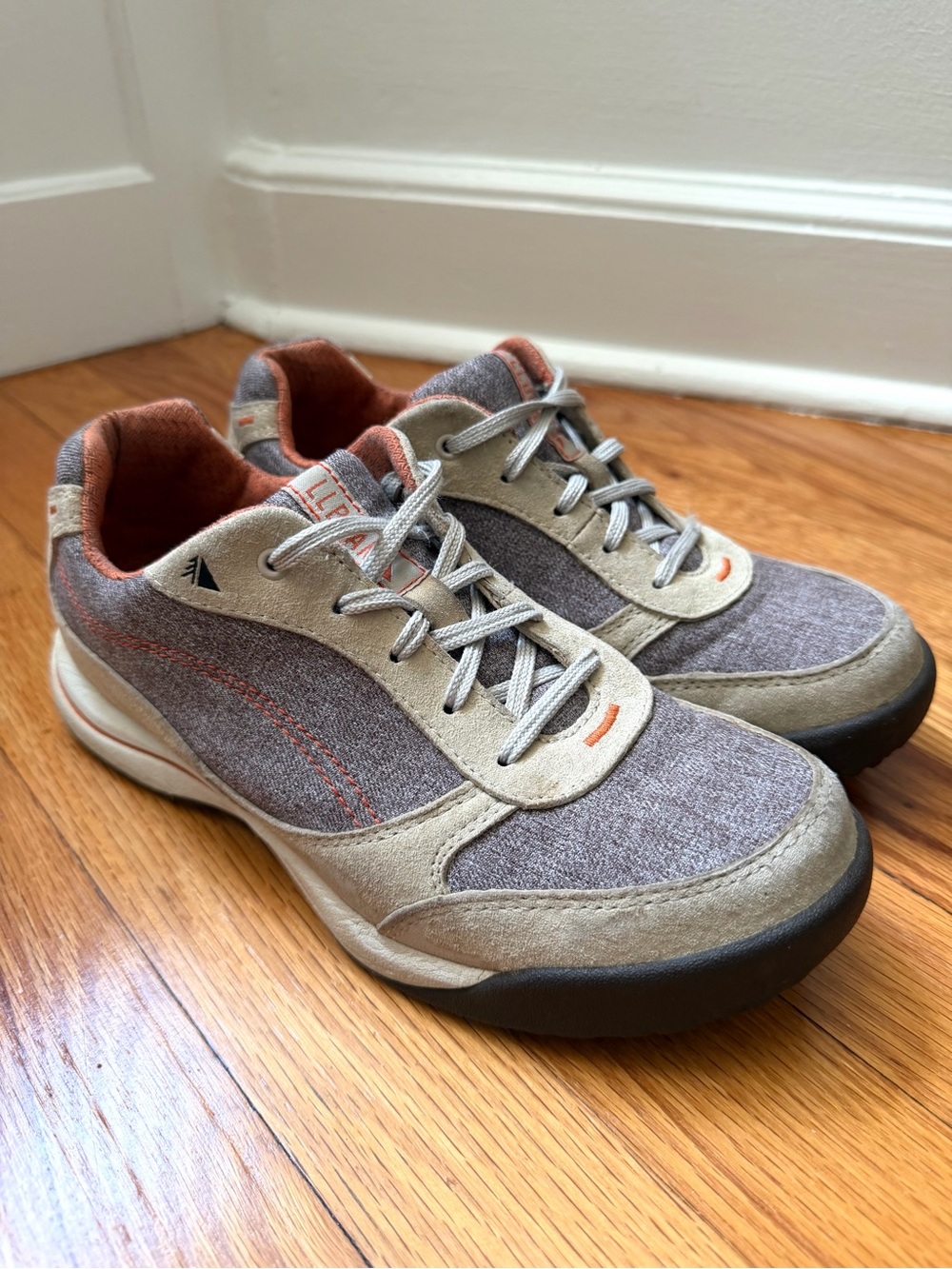 L.L. Bean Trail Walking Sneakers Beige Suede Mesh Orange Accent Women's Size 7